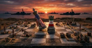 イラン戦争とアメリカ覇権の終焉を象徴するチェス盤、アメリカ国旗のキングが傾きイラン国旗のルークが堂々と立つ地政学的構図、ペルシャ湾の夕焼けと軍艦のシルエットが背景に広がる