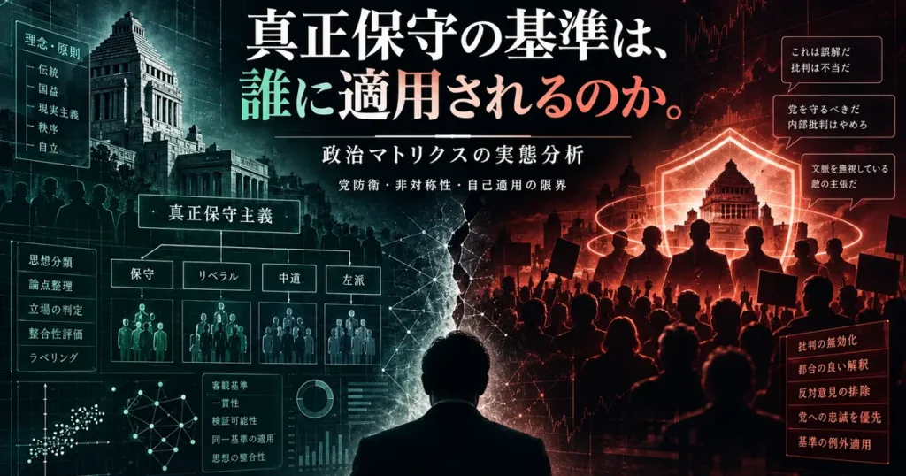 政治マトリクスが掲げる真正保守主義と参政党擁護の関係を分析。左右に思想分類と党防衛を対比し、判断基準の非対称性を表現したイメージ画像。