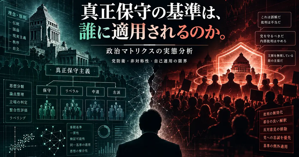 政治マトリクスが掲げる真正保守主義と参政党擁護の関係を分析。左右に思想分類と党防衛を対比し、判断基準の非対称性を表現したイメージ画像。